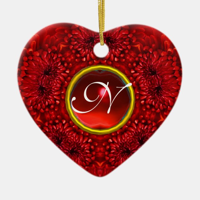 RED DAHLIA RUBY MONOGRAM Heart Julgransprydnad Keramik (Framsidan)