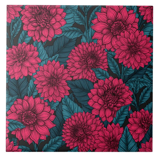 Red Dahlia-trädgården/blå löv Kakelplatta (Framsidan)