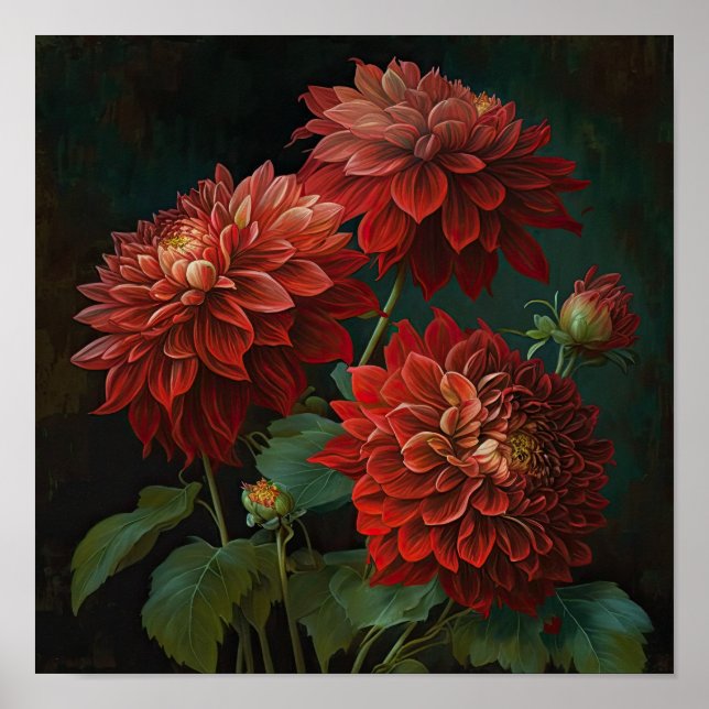 Red Dahlias Flower Art Print Poster (Framsidan)