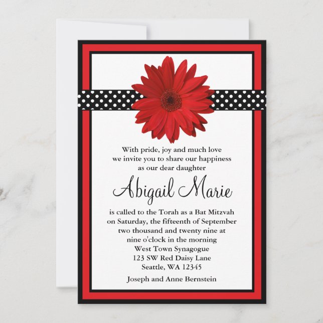 Red Daisy Black Polka dots Bat mitzvah Inbjudningar (Framsida)