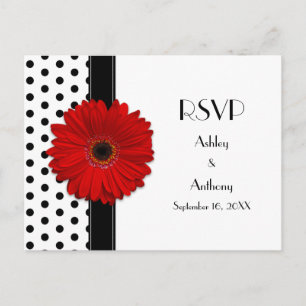 Red Daisy Black White Polka Dot Bröllop OSA Inbjudan Vykort