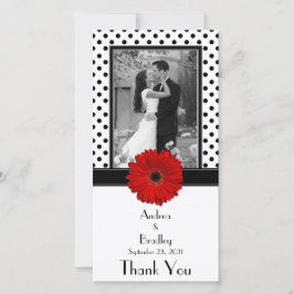 Red Daisy Black White Polka Dot Bröllop Photocard Tack Kort