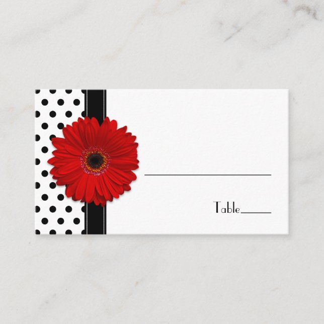 Red Daisy Black White Polka Dot Bröllop Place Card Placeringskort (Framsida)