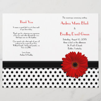 Red Daisy Black White Polka Dot Bröllopsprogram