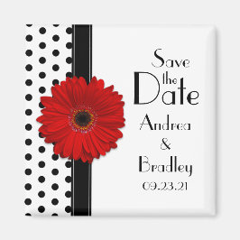 Red Daisy Black White Polka Dot Save Date Magnet