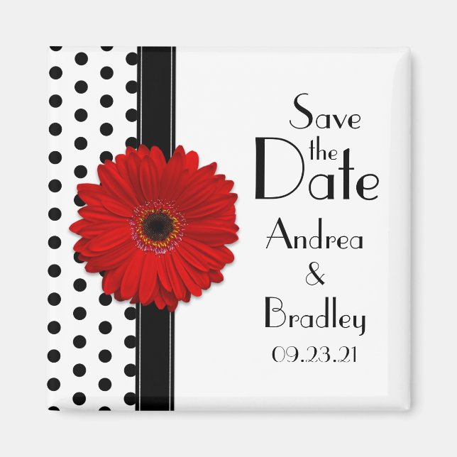 Red Daisy Black White Polka Dot Save Date Magnet (Framsidan)