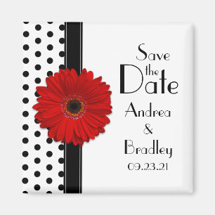 Red Daisy Black White Polka Dot Spara datum Magnet