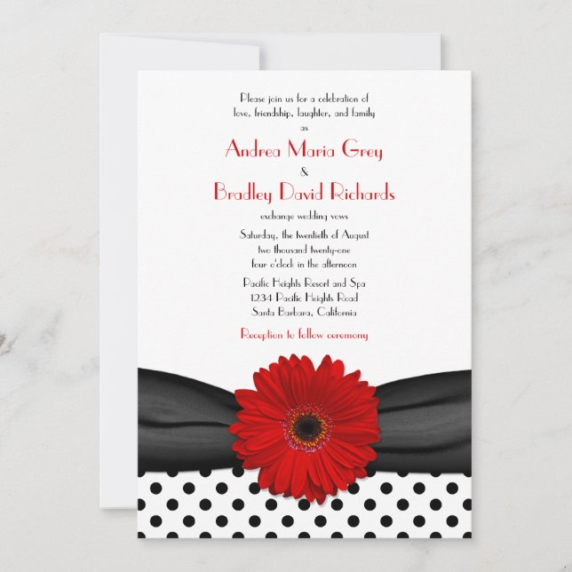 Red Daisy Black White Polka Dot Wedding bjudande Inbjudningar (Framsida)