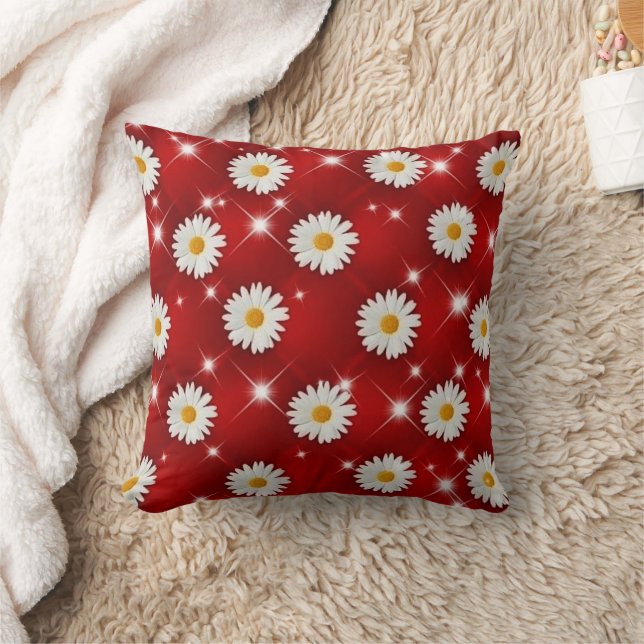 Red Daisy Floral Sparkle Throw Pillow Kudde (Filt)