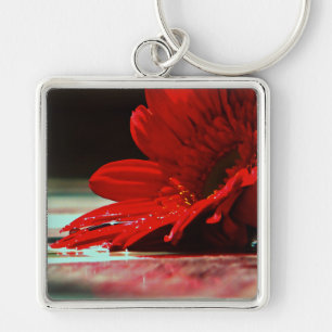 Red Daisy Gerbera Flowers Fyrkantig Silverfärgad Nyckelring