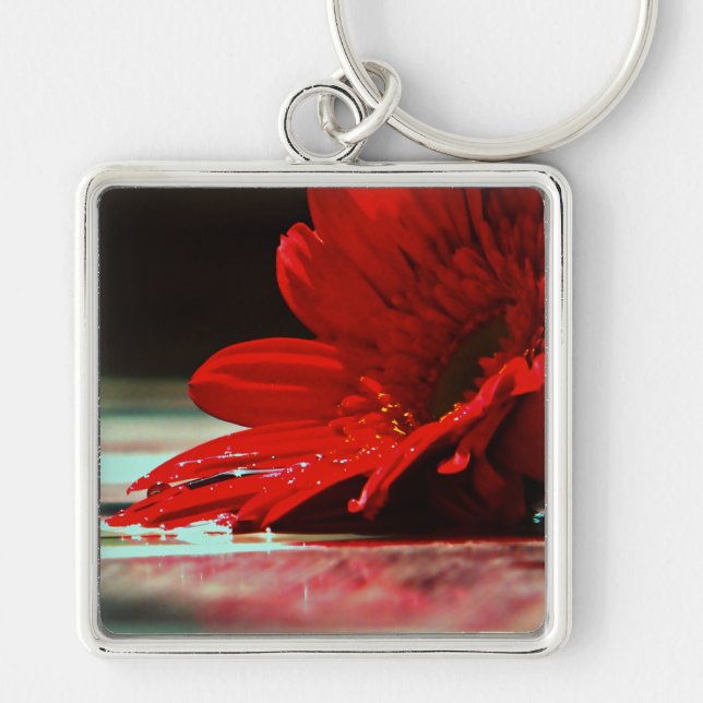 Red Daisy Gerbera Flowers Fyrkantig Silverfärgad Nyckelring (Framsidan)