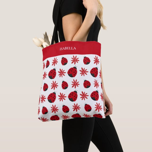 Red Daisy Ladybug Mönster Personlig Tygkasse (Närbild)