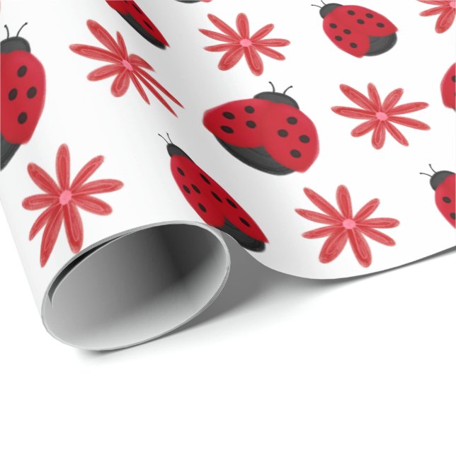 Red Daisy Ladybug Mönster Wrapping Presentpapper (Rullad Hörn)