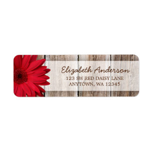 Red Daisy Rustic Barn Wood Adressetiketters Returadress Etikett