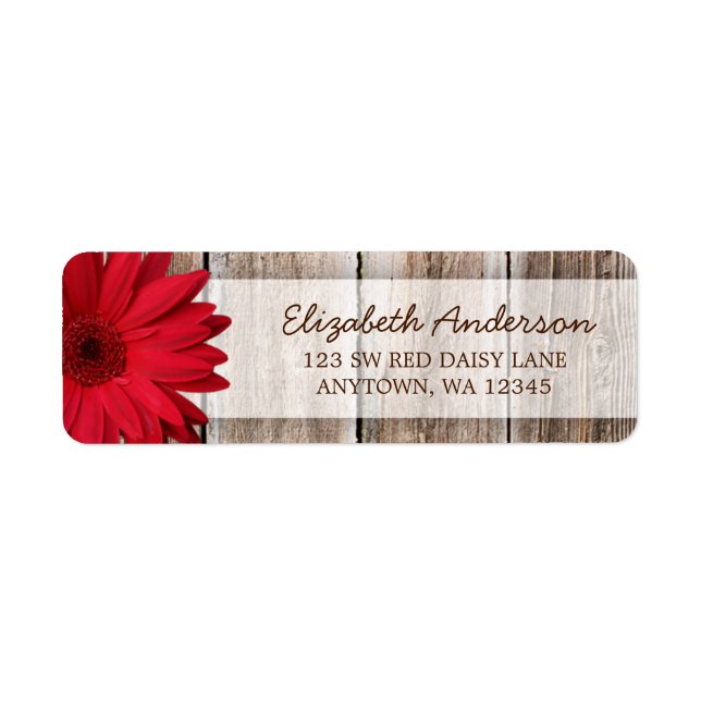 Red Daisy Rustic Barn Wood Adressetiketters Returadress Etikett (Framsidan)