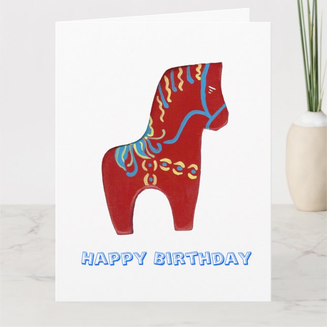 Red Dala Horse Birthday Card Kort (Framsida)