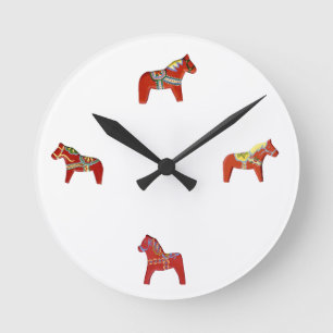 Red Dala Horse Wall Clock Rund Klocka