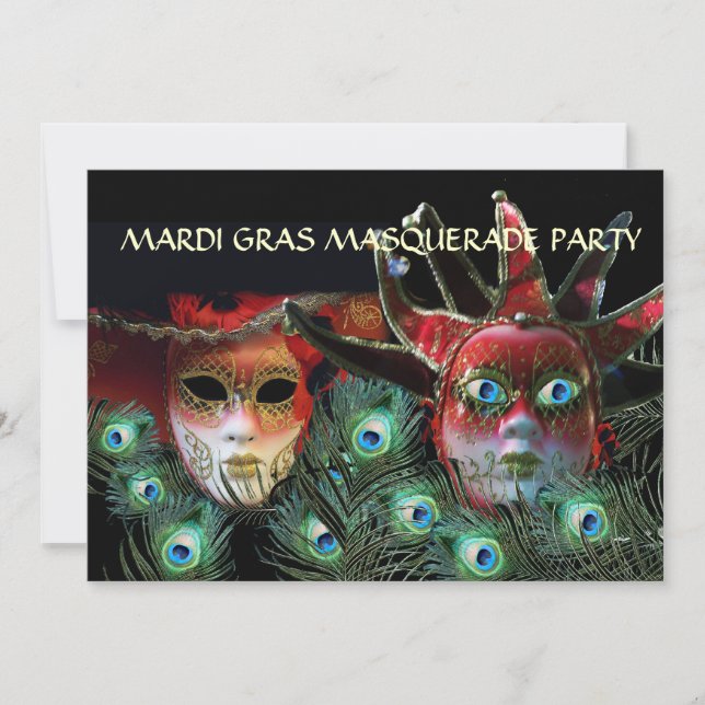 RED DAM OCH JESTER MASK MED PEACOCK FEATHERS INBJUDNINGAR (Framsida)