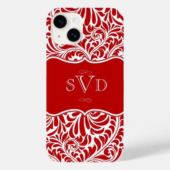 Red Damask Design Monogram Anpassningsbar Fodral-M (Baksida)