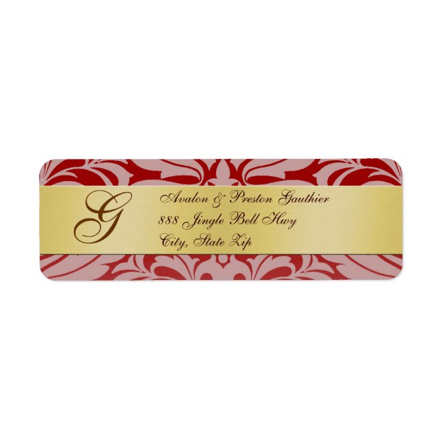 Red Damask Guld Monogram-Adressetiketter Returadress Etikett (Framsidan)
