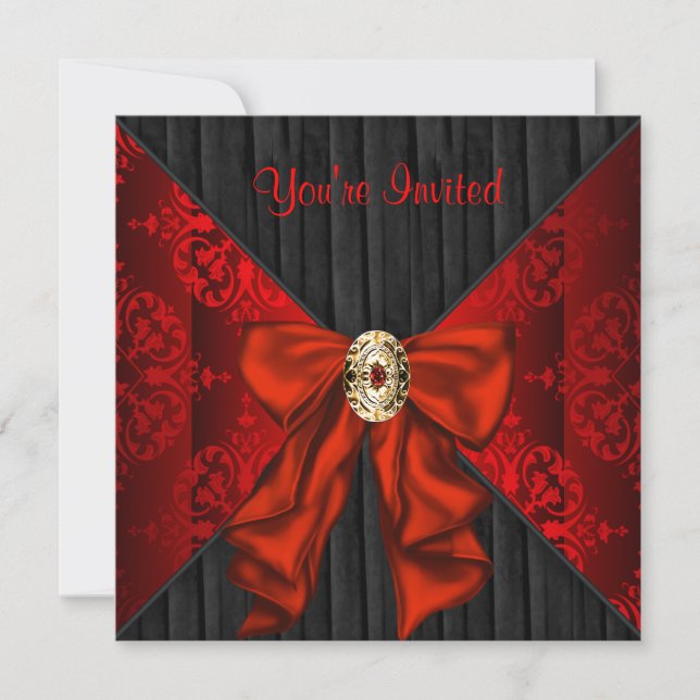 Red Damask Helgdag Black Tie Party Inbjudningar (Framsida)