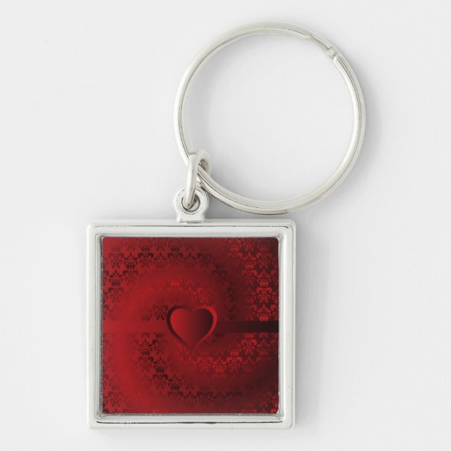 Red Damask-hjärta Fyrkantig Silverfärgad Nyckelring (Framsidan)