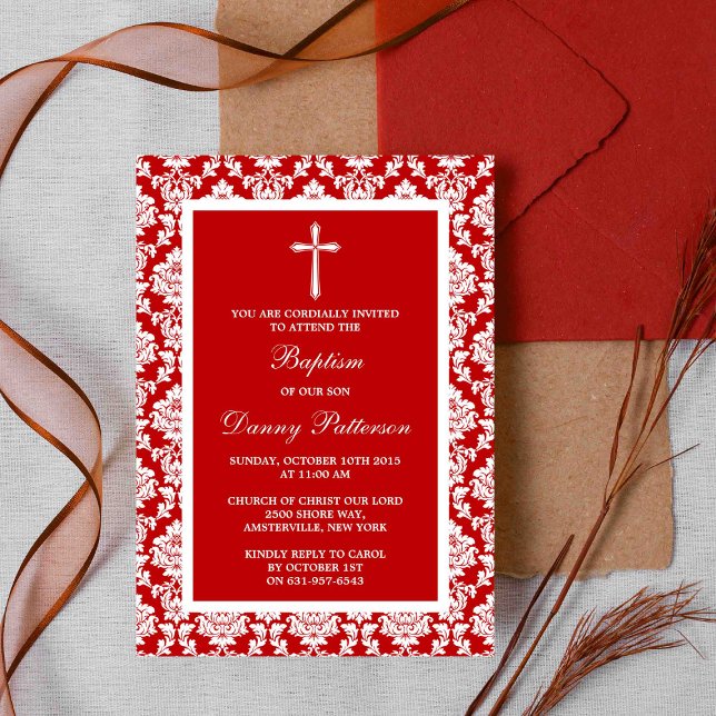 Red Damask Kor baptism eller julning Inbjudningar (Skapare uppladdad)