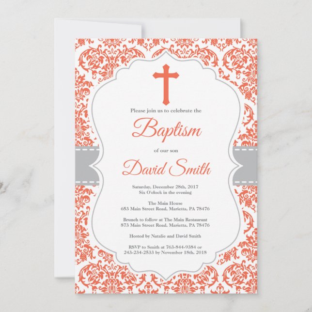 Red Damask Kor Baptism-inbjudan Inbjudningar (Framsida)