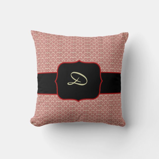 Red Damask Monogram Dekorativ kudde (Framsida)