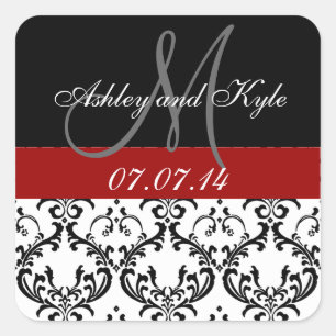Red Damask Monogram Spara datummarkeringar Fyrkantigt Klistermärke