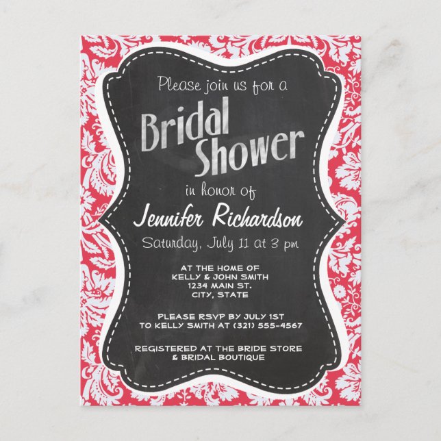 Red Damask Pattern; Vintage Chalkboard Inbjudan Vykort (Framsida)