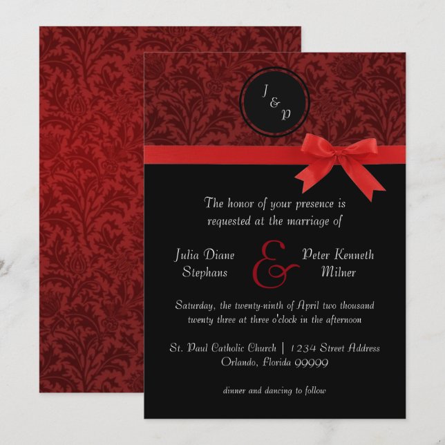 Red Damask & Red Bow - bröllopsinbjudan Inbjudningar (Fram/baksida)