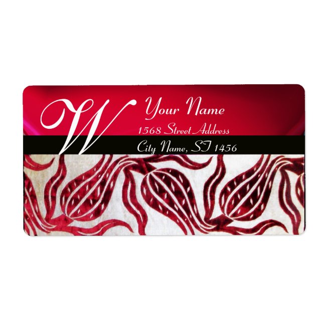 RED DAMASK VELVET TULIPS MONOGRAM Burgundy White Fraktsedel (Framsidan)
