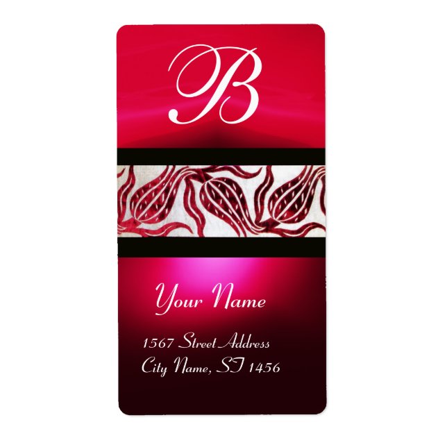 RED DAMASK VELVET TULIPS MONOGRAM Burgundy White Fraktsedel (Framsidan)