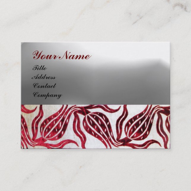 RED DAMASK VELVET TULIPS MONOGRAM Burgundy White Visitkort (Framsida)