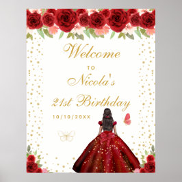 Red Dark Skin Girl Birthday Party Welcome Poster
