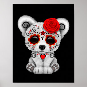 Red Day of the dead Sugar Skull Bear Black Poster