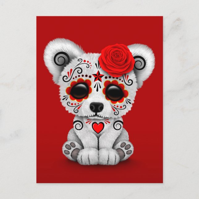 Red Day of the dead Sugar Skull Bear Vykort (Framsida)