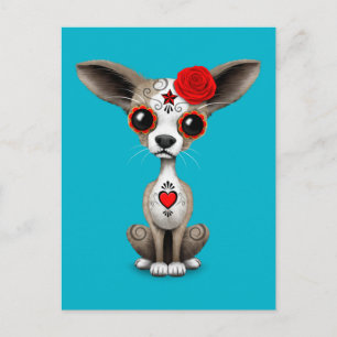 Red Day of the dead Sugar Skull Chihuahua Puppy Vykort
