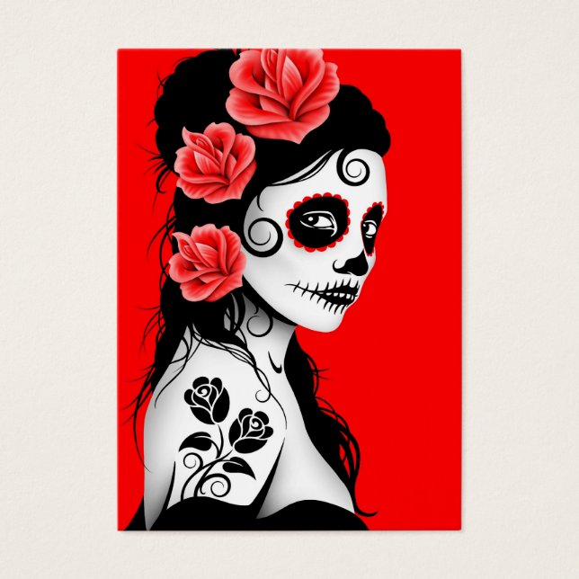 Red Day of the dead Sugar Skull Girl Visitkort (Framsidan)