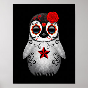Red Day of the dead Sugar Skull Penguin Black Poster