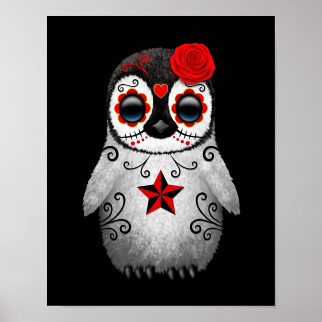Red Day of the dead Sugar Skull Penguin Black Poster (Framsidan)
