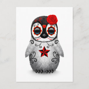Red Day of the dead Sugar Skull Penguin White Vykort
