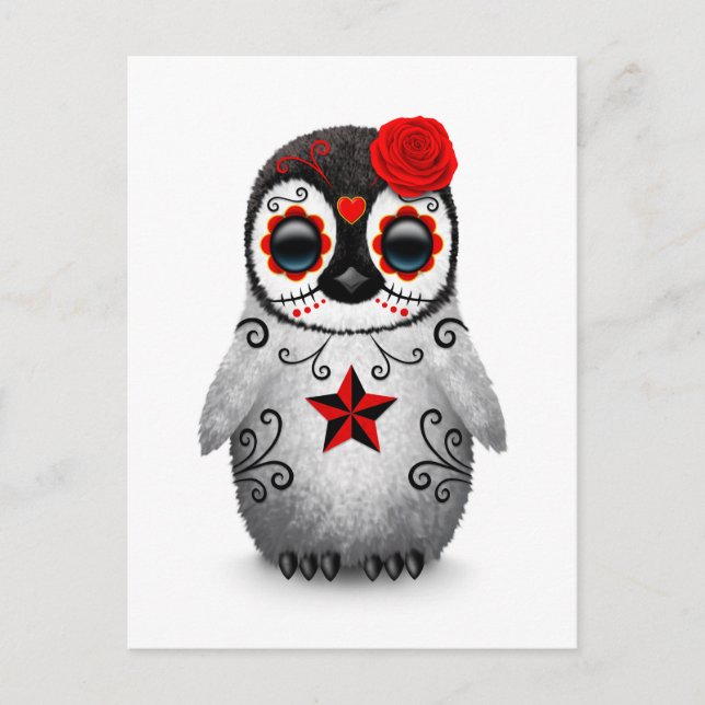 Red Day of the dead Sugar Skull Penguin White Vykort (Framsida)