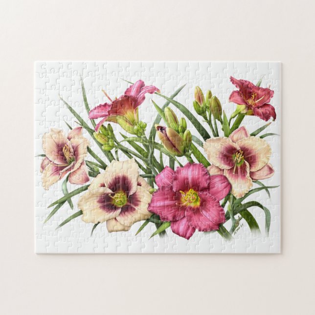 Red Daylily Bouquet Botanical Art Pussel (Horisontell)