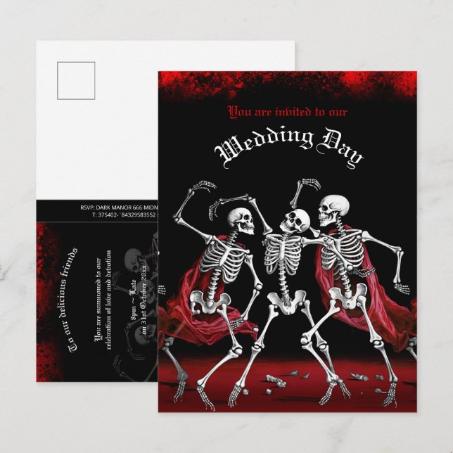 Red Death Dancing Skeletons Gothic Bröllop Inbjudan Vykort (Fram/baksida)
