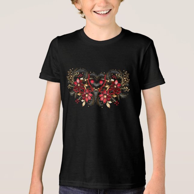Red Decorative Flowers Helgdag Boys T-Shirt (Framsida)