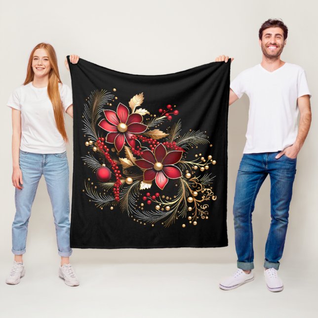 Red Decorative Flowers Helgdag Fleece Blanket (På plats)