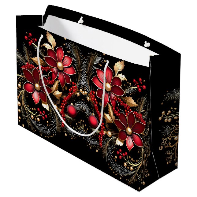 Red Decorative Flowers Helgdag Gift Bag (Baksidan Vinklad)