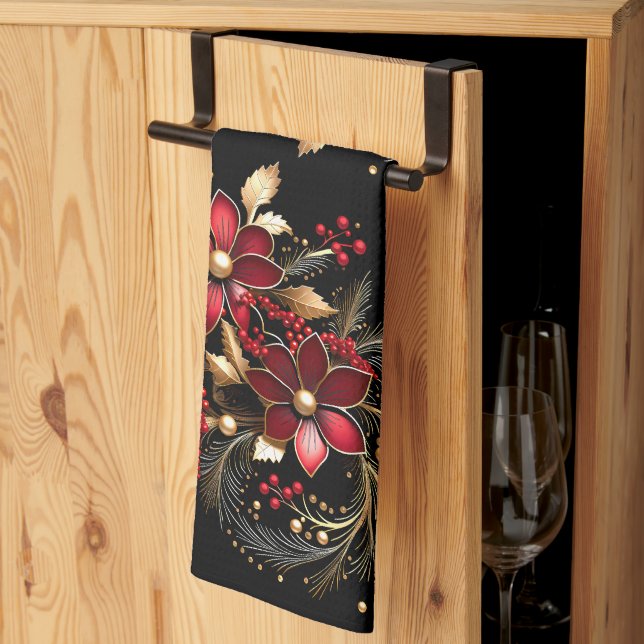 Red Decorative Flowers Holiday Kitchen Towel Kökshandduk (Thirds Fold)